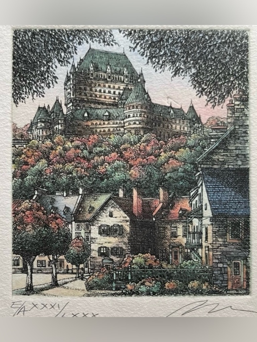 “Maison Chevalier Quebec” Jacques Brousseau by Colored Etching Art Signed/Framed